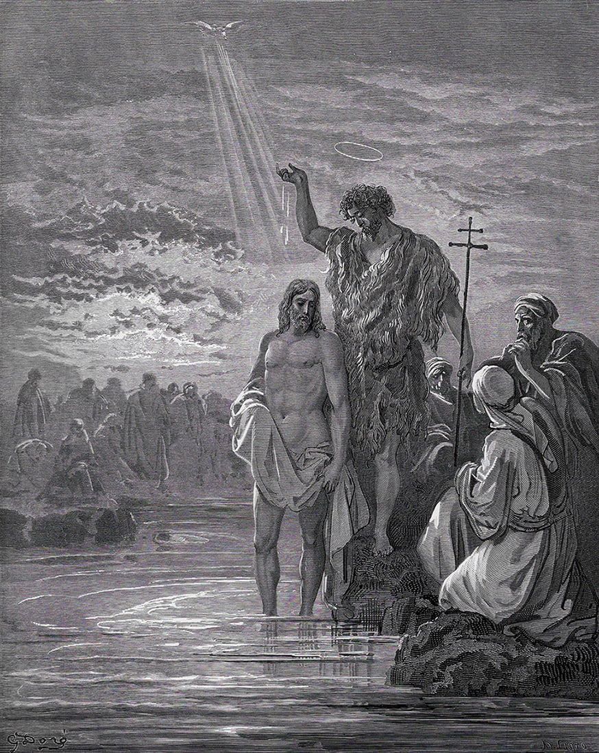 1800s SIGNED GUSTAVE DORE Biblical Woodcut THE BAPTISM OF JESUS Framed: Gustave Dore (Paul Gustave Louis Christophe Dore) (French, 1832-1883). The Baptism of Jesus (from Dore's Bible). Antique woodcut wove paper after the original by a master wood engraver Ad Ligny (Frenc