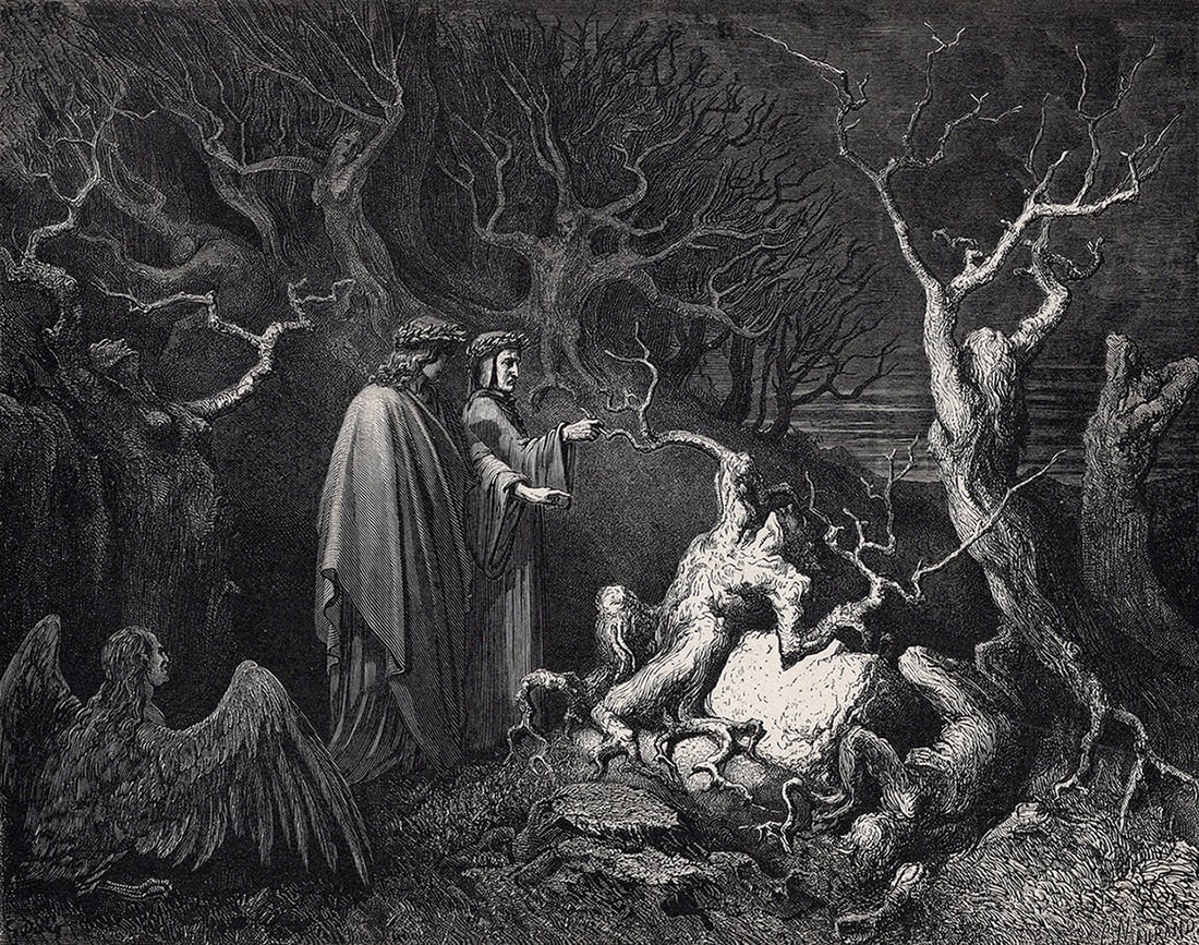 Gustave Dore Forest of Suicides (Dante's Divine Comedy Enferno) c. 1880 Woodcut: Gustave Dore (Paul Gustave Louis Christophe Dore) (French, 1832-1883). Chant 13 Forest of the Suicides (Dante's Divine Comedy Enferno). Antique woodcut wove paper after the original by master wood eng