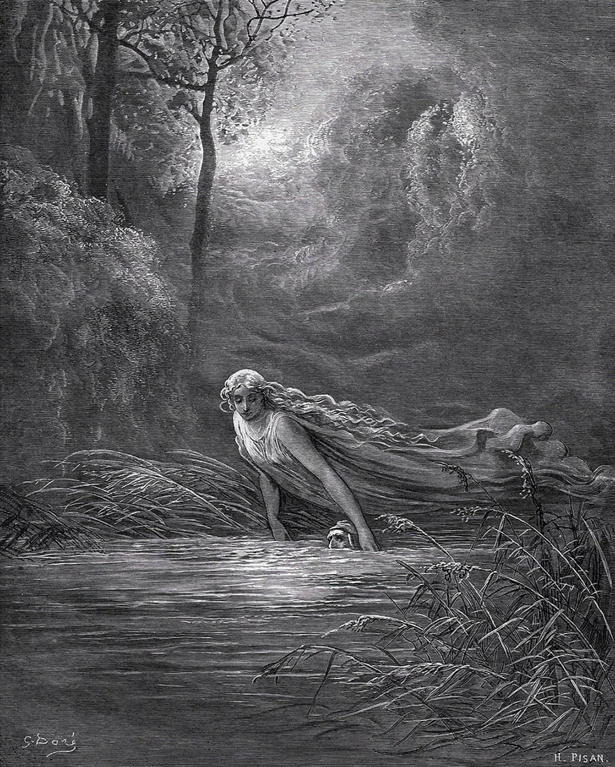 1800s DORE Woodcut Divine Comedy "Dante in the River of Lethe" FRAMED Signed: Gustave Dore (Paul Gustave Louis Christophe Dore) (French, 1832-1883). Chant 31 Dante and the River of Lethe (from Dante's Divine Comedy Purgatory). Antique woodcut on wove paper after the original by