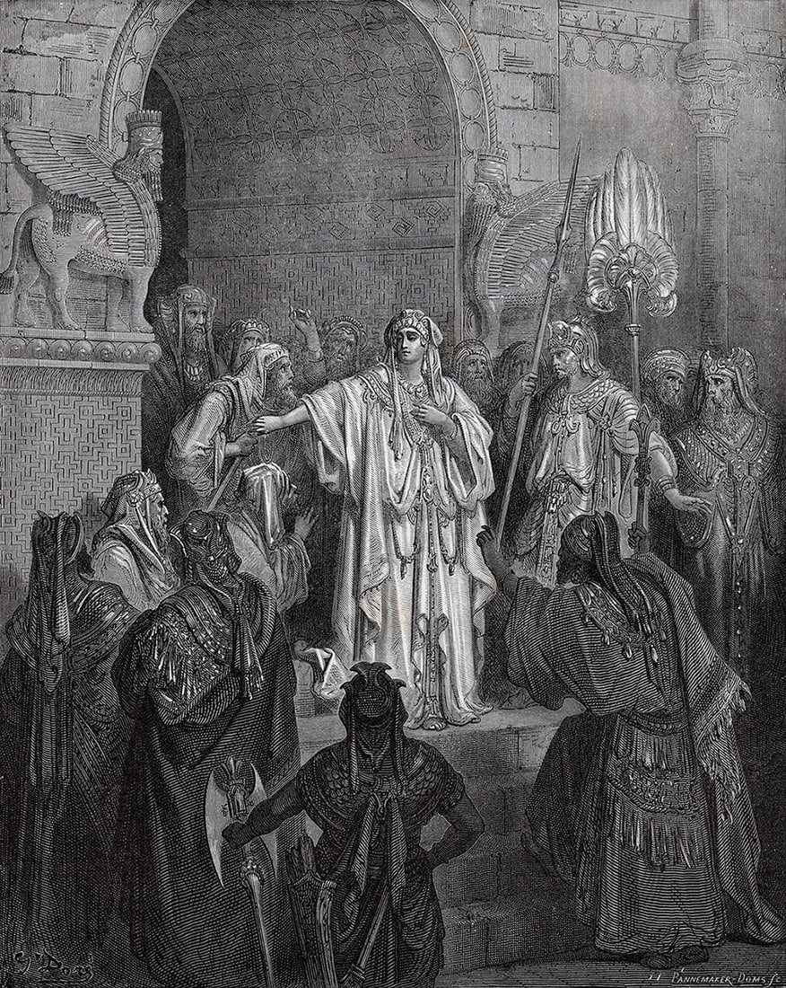 FRAMED 1800s Gustave DORE Woodcut "Judgement of Solomon" SIGNED: Gustave Dore (Paul Gustave Louis Christophe Dore) (French, 1832-1883). The Judgement of Solomon (from Dore's Bible). Antique woodcut on wove paper after the original by master wood engraver Adolphe Gu