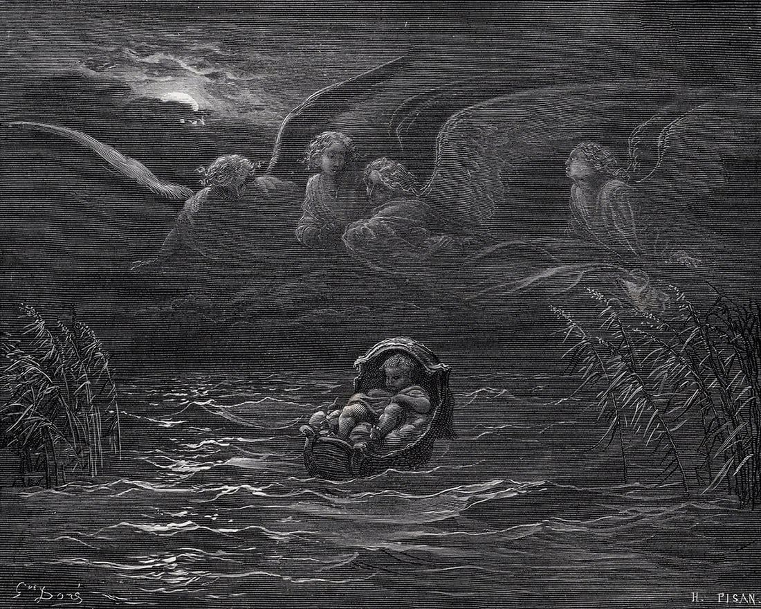 1800s Gustave DORE Religious Wood Engraving "Baby Moses" SIGNED Framed: Gustave Dore (Paul Gustave Louis Christophe Dore) (French, 1832-1883). The Child Moses on the Nile (from Dore's Bible). Antique Wood Engraving wove paper after the original by master wood engraver Hel