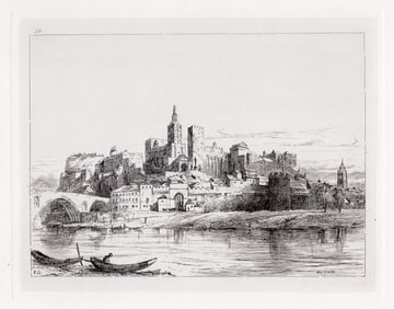 1875 Sir Ernest George Avignon View from the River etching signed Framed