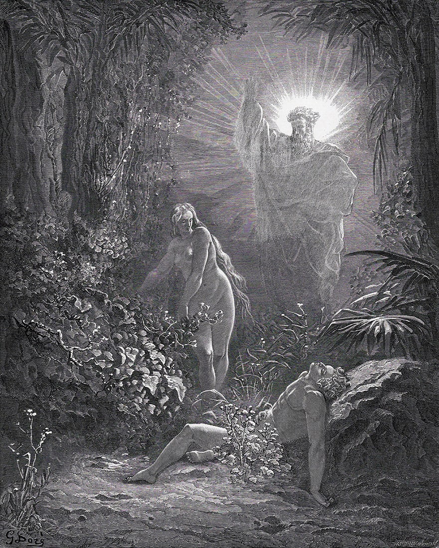 1800s GUSTAVE DORE'S BIBLE Woodcut The Formation of Eve SIGNED FRAMED: Gustave Dore (Paul Gustave Louis Christophe Dore) (French, 1832-1883). The Formation of Eve (from Dore's Bible). Antique woodcut wove paper after the original by a master wood engravers Francois Augus