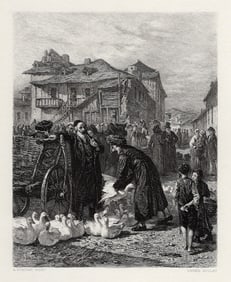 Alois Schonn 1800s Etching The Goose Market, Cracow SIGNED Framed COA