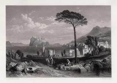 SIGNED 1800s CLARKSON STANFIELD Engraving ISCHIA LANDSCAPE Framed