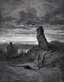 Biblical 1800s GUSTAVE DORE Woodcut The Prophet Slain by The Lion SIGNED FRAMED
