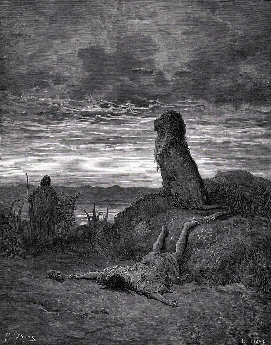 Biblical 1800s GUSTAVE DORE Woodcut The Prophet Slain by The Lion SIGNED FRAMED: Gustave Dore (Paul Gustave Louis Christophe Dore) (French, 1832-1883). The Disobedient Prophet Slain by a Lion (from Dore's Bible). Antique woodcut wove paper after the original by a master wood engra