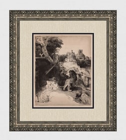 1800s REMBRANDT B104 Etching St. Jerome Reading in an Italian Landscape Durand Framed
