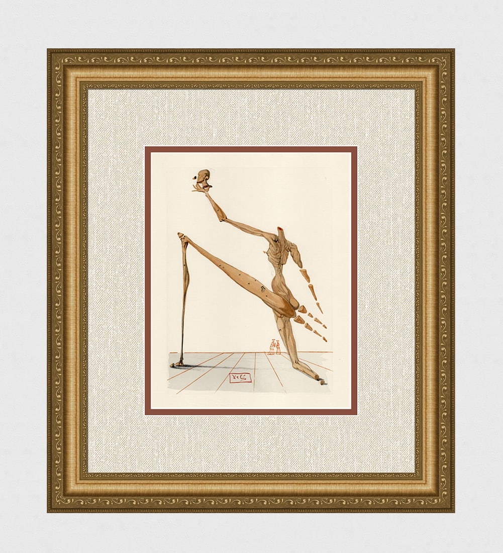 1960 Salvador Dali Bertran de Horn Authentic Woodcut Signed: Salvador Dali. (1904-1989). "Bertran de Horn" Enferno Canto 28. Block Engraved Signature. Authentic Original Color Woodcut from The Divine Comedy Printed in 1960 on B.F.K. Rives Paper ( this is not a