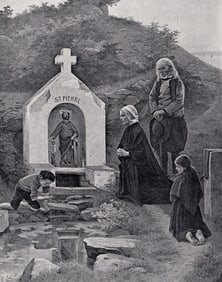 Paul Abram 1800s Antique Print Peasants at St. Peter's Fountain FRAMED