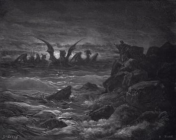 FRAMED 1800s Gustave Dore Biblical Woodcut Daniel's Vision of Four Beasts Signed