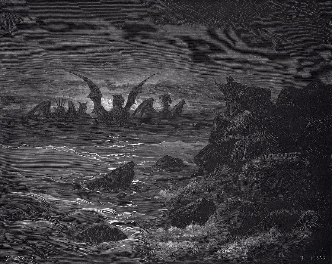 FRAMED 1800s Gustave Dore Biblical Woodcut Daniel's Vision of Four Beasts Signed: Gustave Dore (Paul Gustave Louis Christophe Dore) (French, 1832-1883). The Vision of the four Beasts (from Dore's Bible). Antique woodcut wove paper after the original by a master wood engraver Heliod