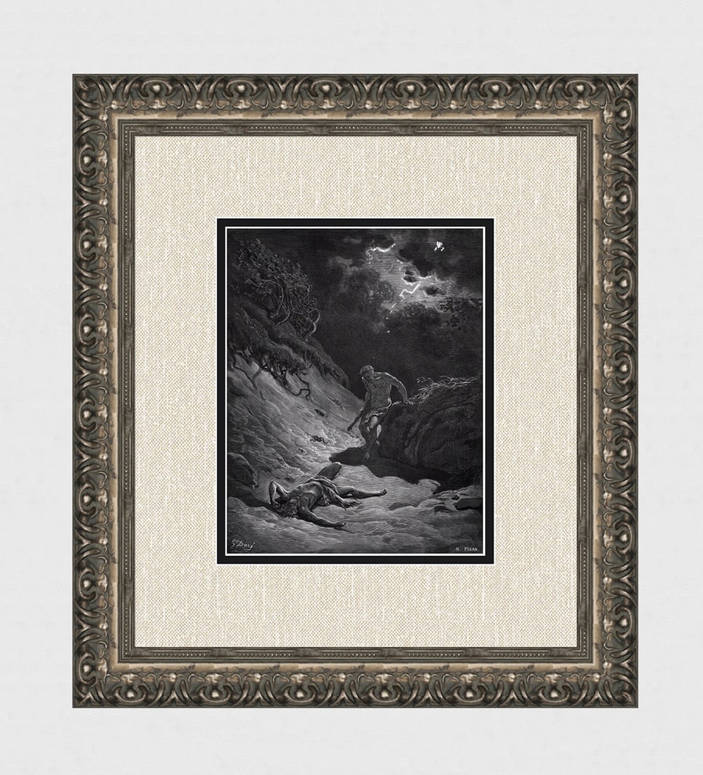FRAMED 1800s Gustave Dore Religious Woodcut Cain Murders Abel SIGNED: Gustave Dore (Paul Gustave Louis Christophe Dore) (French, 1832-1883). The Death of Abel (From Dore's Bible). Antique woodcut wove paper after the original by a master wood engraver Heliodore Joseph P