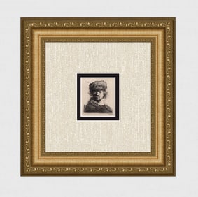 1800s REMBRANDT B16 Etching Self Portrait in a Heavy Fur Cap Signed