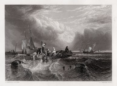 Clarkson STANFIELD SIGNED 1800s Engraving The Market-Boat FRAMED