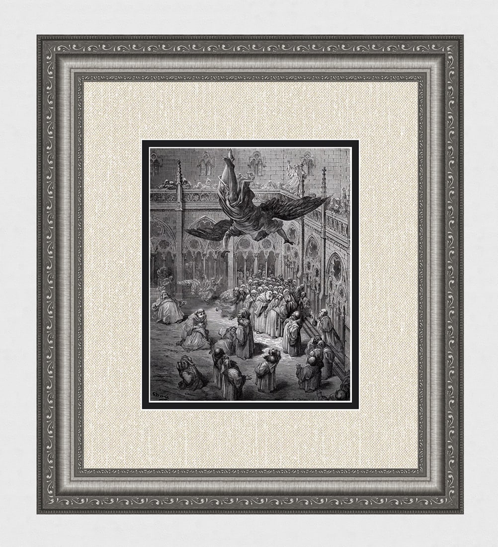Gustave Dore 1800s Woodcut The Archangel Michael Signed Framed: Gustave Dore (Paul Gustave Louis Christophe Dore )(French, 1832-1883). The Archangel Michael, commanded to silence, tries to vain monasteries. (From Orlando Furioso). Antique woodcut on wove paper aft