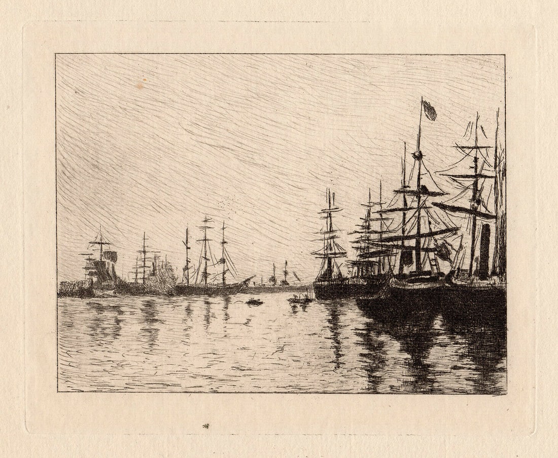 Eugene Boudin Antique 1892 Etching Port de Trouville: Eugene Louis Boudin (1824 - 1898). La Port de Trouville (The Port of Trouville). Hand Pulled Copper plate etching with drypoint, printed in Black ink, on cream laid paper after the original by Auguste