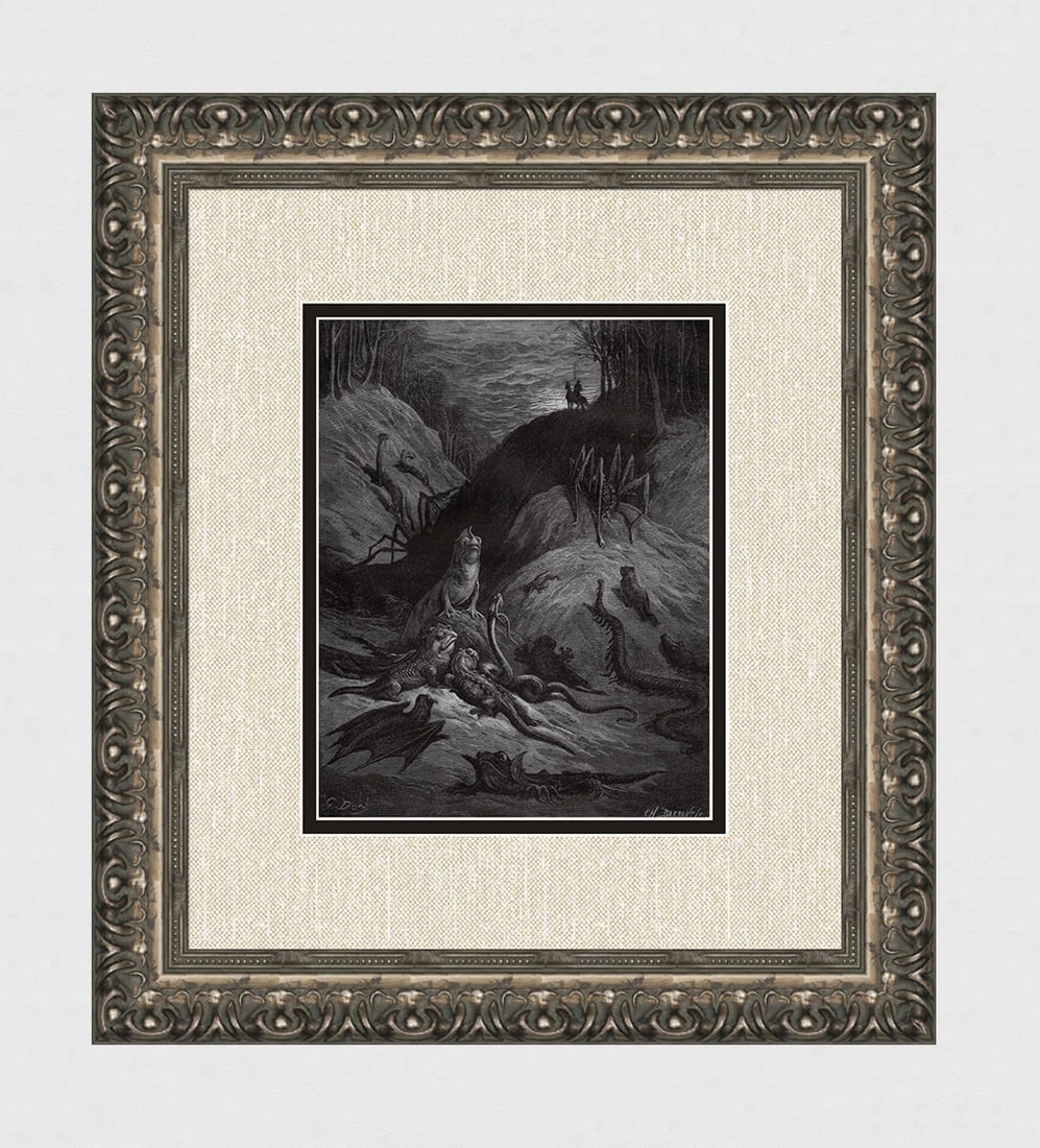 FRAMED 1800s DORE Orlando Furioso Woodcut Monsters in Astolfo's Path SIGNED: Gustave Dore(Paul Gustave Louis Christophe Dore)(French, 1832-1883). Monsters in Astolfo's path (From Orland Furioso). Antique woodcut on wove paper after the original Illustration by master wood engr