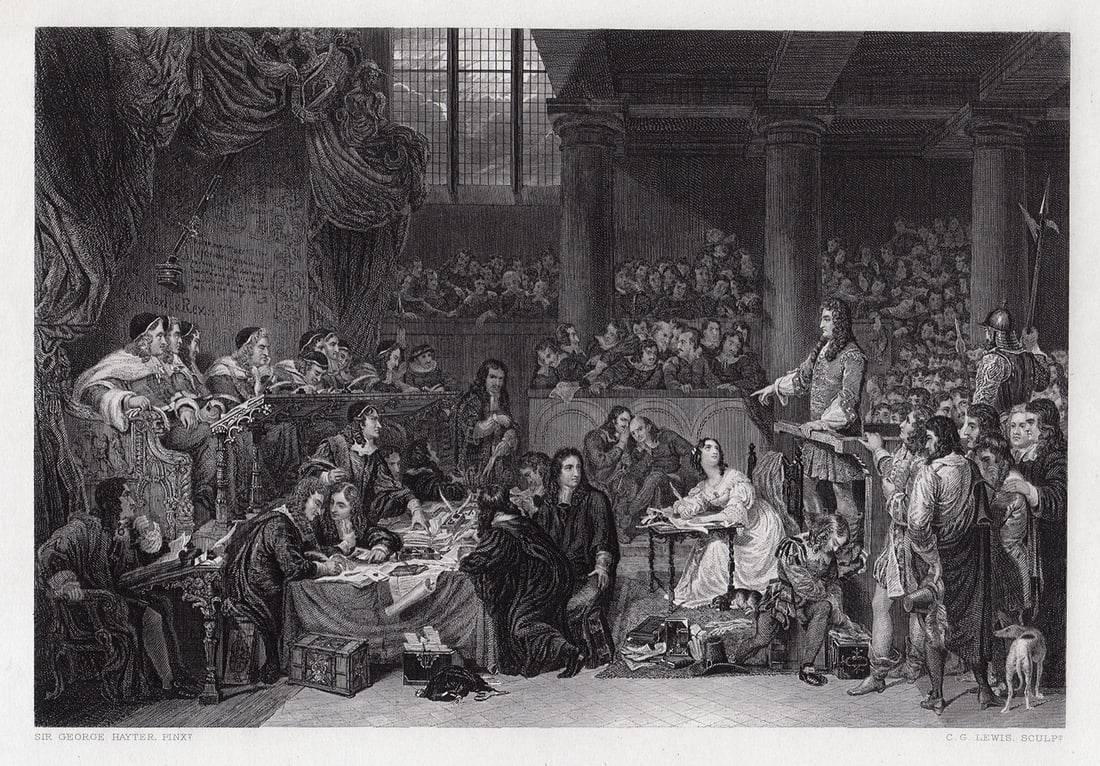 Sir George Hayter The Trial of Lord William Russell 1879 engraving: Sir George Hayter. (English, 1792 - 1871). The Trial of Lord William Russell. Antique Steel Engraving on wove paper after the 1825 original by master engraver Charles George Lewis (English, 1808-1880)