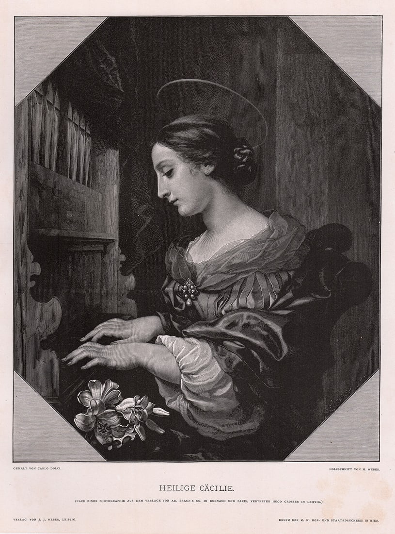Carlo Dolci Heilige Cacilie (Saint Cecilia) 1887 Antique woodcut signed: Carlo Dolci. (Carlino) (Italian, 1616-1686). Heilige Cacilie (Saint Cecilia). Antique woodcut on wove paper after the original oil on canvas by Master Wood Engraver Max Web (1881-1961). 1887. Signed i