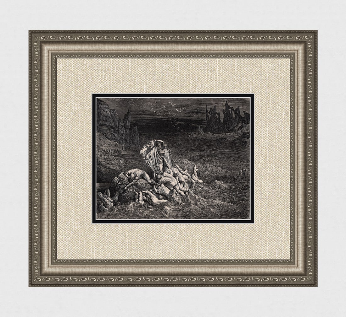 Gustave Dore The Angry Ones Divine Comedy c. 1880 Woodcut Framed: Gustave Dore (Paul Gustave Louis Christophe Dore) (French, 1832-1883). Chant 8. The Angry Ones (Dante's Divine Comedy Enferno). Antique woodcut wove paper after the original by master wood engraver An