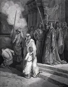 Religious 1800s Gustave DORE SIGNED Wood Engraving THE MOTHER'S COURAGE Framed