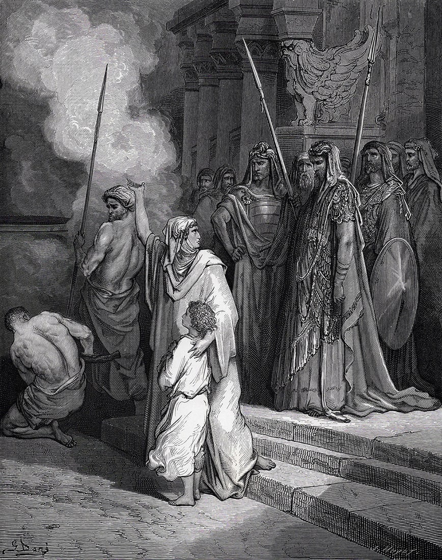 Religious 1800s Gustave DORE SIGNED Wood Engraving THE MOTHER'S COURAGE Framed: Gustave Dore (Paul Gustave Louis Christophe Dore) (French, 1832-1883). The Courage of a Mother (from Dore's Bible). Antique Wood Engraving wove paper after the original by a master wood engraver Jules