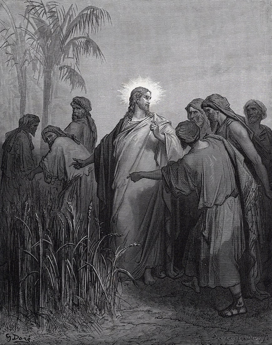 Gustave Dore 1800s Religious Woodcut "Jesus In the Corn-field" Signed Framed: Gustave Dore (Paul Gustave Louis Christophe Dore) (French, 1832-1883). Jesus and his Disciples in the Corn-Field (from Dore's Bible). Antique woodcut on wove paper after the original by master wood en