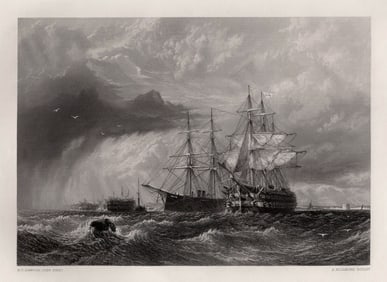 Henry Dawson 1900s Engraving Man-of-War Ship Signed Framed