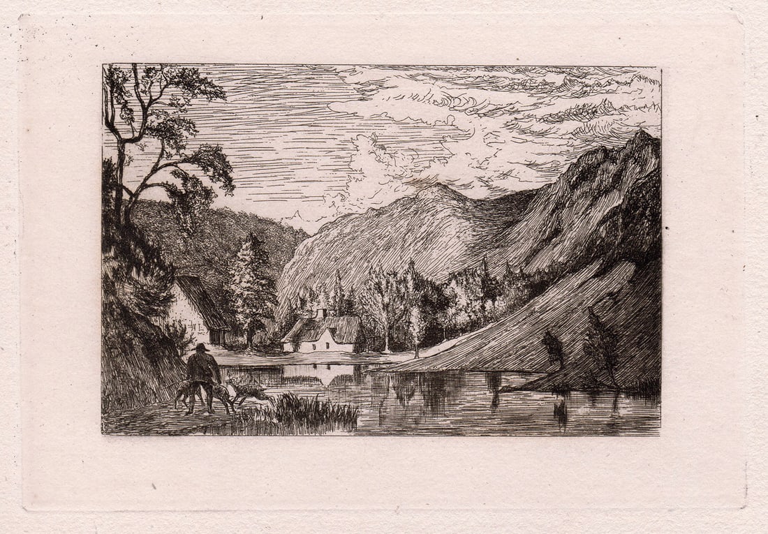 Philip Gilbert Hamerton Landscape 1873 etching: Philip Gilbert Hamerton. (English, 1834-1894). Landscape. Copper plate etching on laid paper. 1873. Image size 4 x 5 3/4 inches. Framed dimensions c. 12 x 14 inches. This piece has been professionally