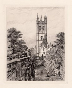 Robert Kent Thomas 1879 etching Magdalen Tower and Bridge signed