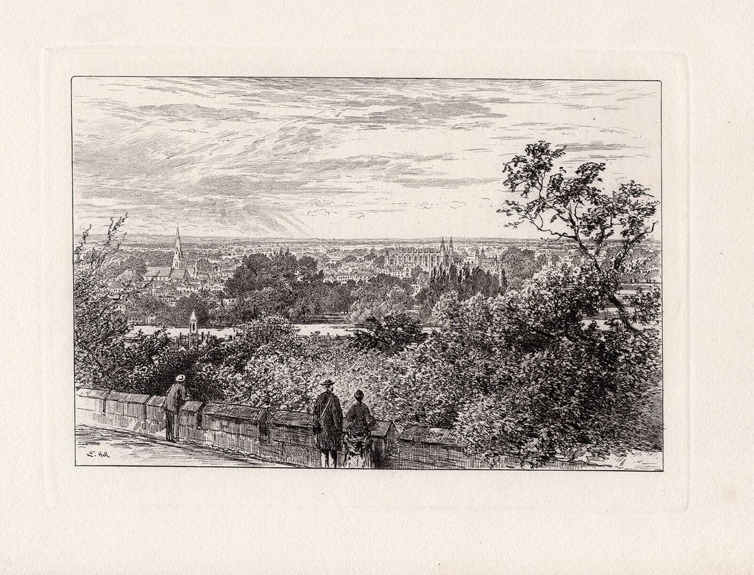 Edward Hull 1885 etching The View from the Terrace, Windsor Castle signed: Edward Hull. (English, 1823 -1906). The View from the Terrace, Windsor Castle. Antique Hand Pulled copper plate etching on laid paper. 1885. Signed in the plate, lower left. Excellent. Image Size 7 1/