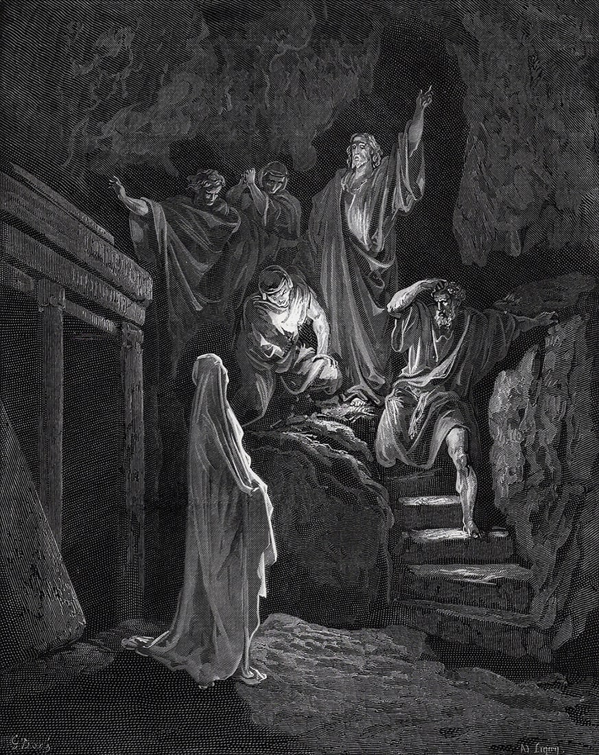 1800s GUSTAVE DORE'S BIBLE Woodcut Resurrection of Lazarus Framed SIGNED: Gustave Dore (Paul Gustave Louis Christophe Dore) (French, 1832-1883. Resurrection of Lazarus (from Dore's Bible). Antique woodcut wove paper after the original by a master wood engraver Ad Ligny (Fre