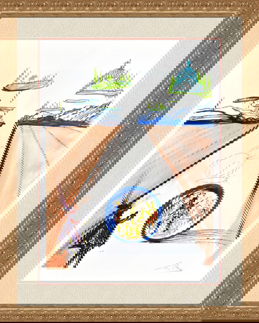 Salvador Dali Imagination Objects Etching Signed Limited Framed: Salvador Dali. Intra-Uterine Paradisiac Locomotion (From Imaginations and Objects of the Futre). Original Color Lithograph with Etching on BFK Rives Paper. Year: 1975. Signed in pencil lower right, nu