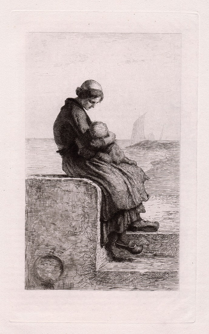 Feyen-Perrin A Sailor's Infancy 1873 etching: Auguste Feyen-Perrin (French, 1826-1888). "A Sailor's Infancy". Antique etching on thick laid paper. 1873. Excellent condition. Additional notes. This is not a modern print. This is an original August