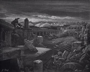 1800s Gustave Dore SIGNED Woodcut Isaiah's Vision of Destruction FRAMED