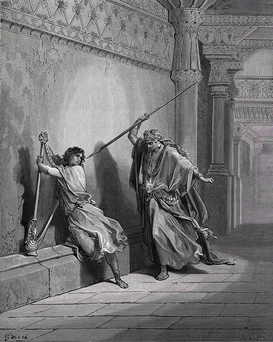 Gustave Dore 1800s Biblical Wood Engraving The Lord Protects David Framed Signed: Gustave Dore (Paul Gustave Louis Christophe Dore) (French, 1832-1883). Saul Attempts the Life of David (from Dore's Bible). Antique Wood Engraving on wove paper executed by master wood engraver Ad Lig