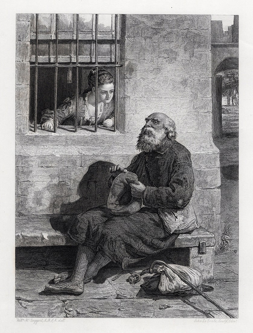 William McTaggart 1800s Engraving Miss Wardour & Edie Framed Signed: William McTaggart (British, 1835-1910). The Interview between Miss Wardour and Edie Ochiltree at the Grated Window of the Flagged Parlour. Antique engraving on wove paper by master engraver John Le Co