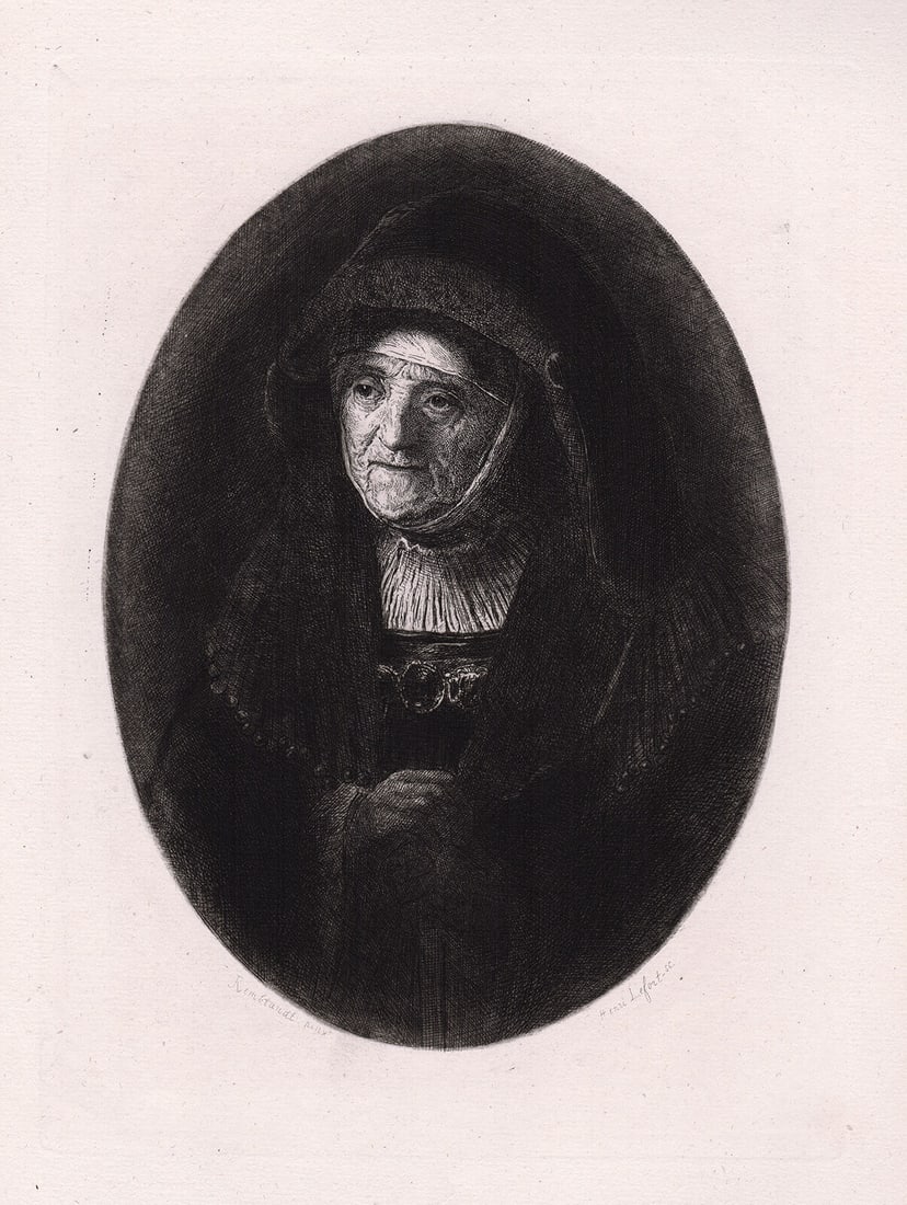 Rembrandt Harmenszoon Van Rijn Portrait of an Old Lady 1877 etching: Rembrandt Harmenszoon Van Rijn. (1606-1669). Portrait of an Old Lady. Antique hand pulled copper plate etching on laid paper by master etcher Henri Emile Lefort (French, 1852-1937). 1877. Signed in th