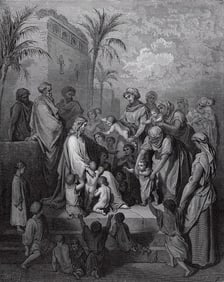 1800s Gustave Dore Bible Woodcut "The Little Children & Jesus" Signed Framed