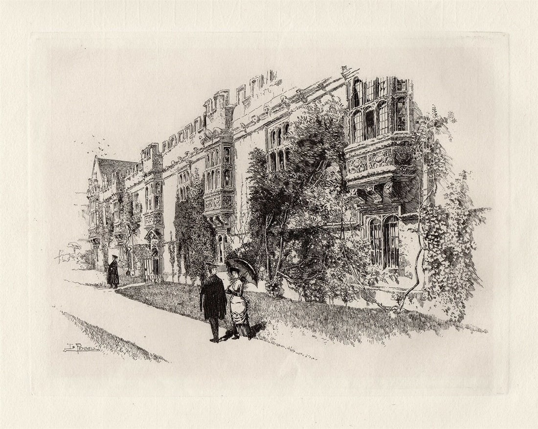Joseph Pennell St. John's College, Oxford 1886 Etching Signed: Joseph Pennell. St. John's College, Oxford. Antique etching on thick laid paper. 1886. Signed in the plate, lower left. Image size 7 1/2 x 9 5/8 inches. Framed dimensions: Approximately 16 x 19 inches