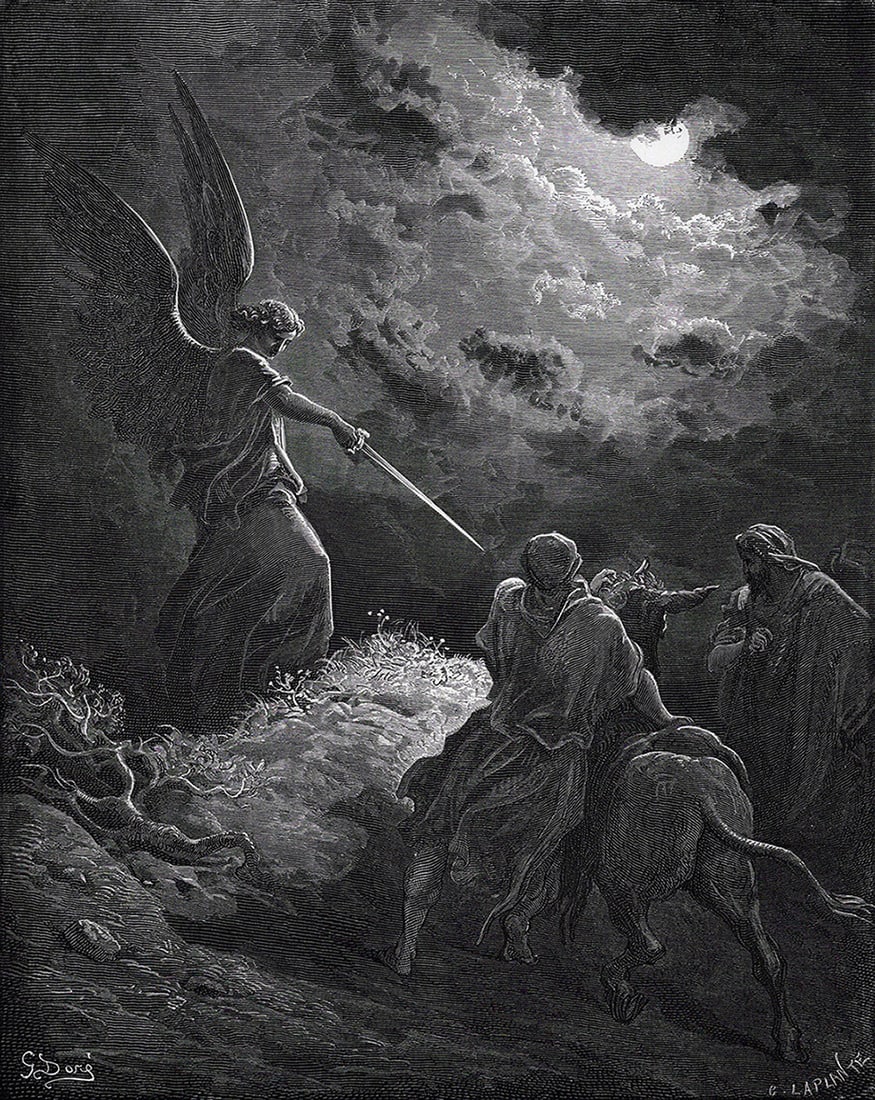SIGNED 1800s Gustave Dore Religious Woodcut The Angel and Balaam FRAMED: Gustave Dore (Paul Gustave Louis Christophe Dore) (French, 1832-1883). The Angel Appearing to Balaam (from Dore's Bible). Antique woodcut wove paper after the original by a master wood engraver Charle