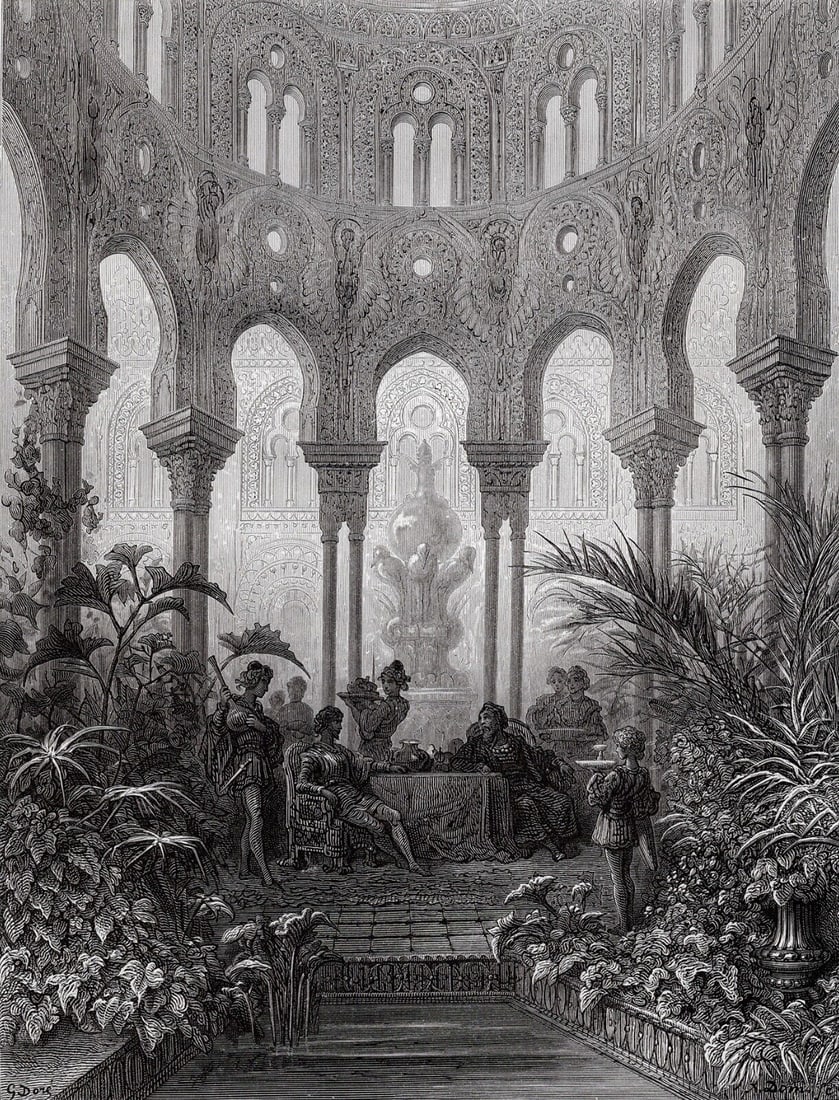 GUSTAVE DORE 1800s Woodcut Rinaldo at the Palace FRAMED SIGNED: Gustave Dore (Paul Gustave Louis Christophe Dore )(French, 1832-1883). Rinaldo is Entertained in a Magnificent Palace. (From Orlando Furioso). Antique woodcut on wove paper after the original Illustra