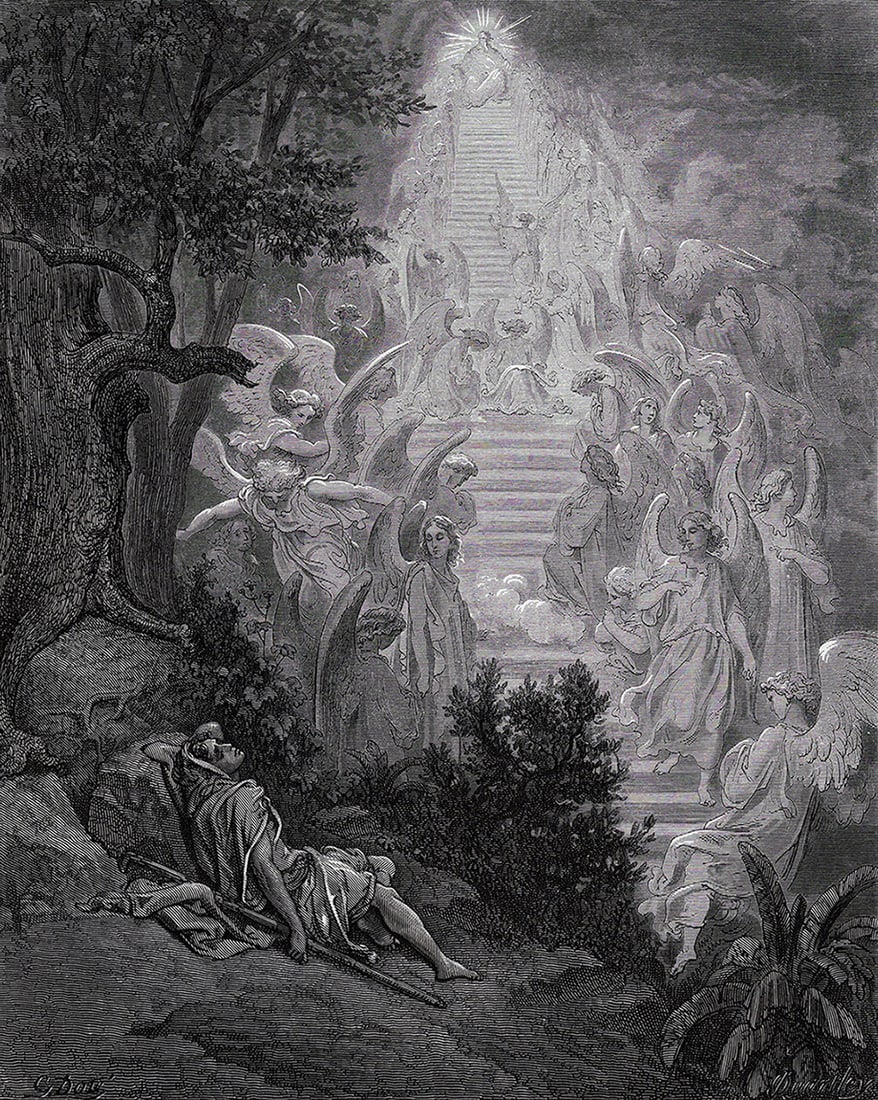 GUSTAVE DORE'S BIBLE 1800s Wood Engraving JACOB'S DREAM Framed SIGNED: Gustave Dore (Paul Gustave Louis Christophe Dore) (French, 1832-1883). Jacob's Dream (From Dore's Bible). Antique Wood Engraving on wove paper after the original by a master wood engraver John Quartle