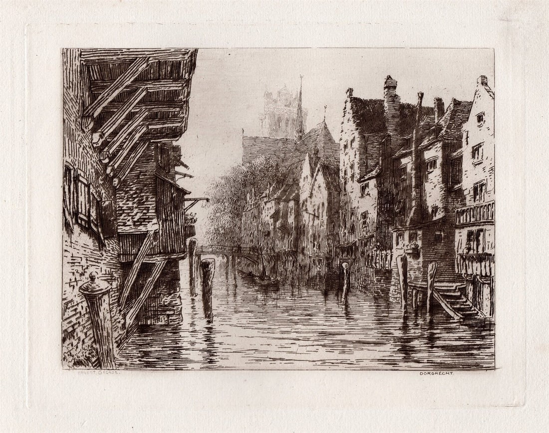 Sir Ernest George 1882 etching Dort (Dordrecht) signed: Sir Ernest George. (English, 1839-1922). Dort (Dordrecht). Original hand pulled copper plate etching on laid paper. 1882. Signed in the Plate Lower Left. Excellent. Image size 7 x 9 inches. Approximat