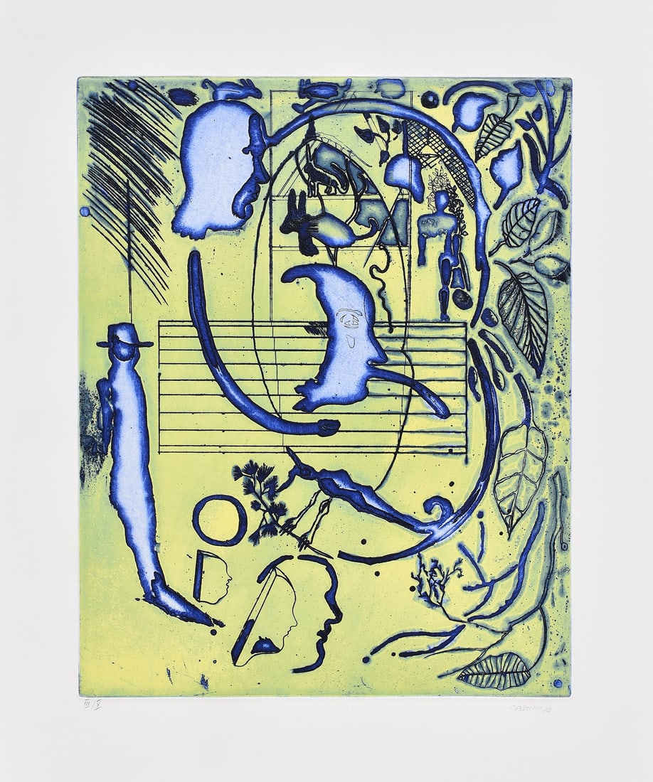 Jorge CASTILLO Aquatint Etching The Poet Arrives in Cuba Hand Signed: Jorge Jose Castillo Casalderrey (Spanish, b. 1933). The Poet arrives in la Habana (Der dThe Poet arrives in la Habana (Der dichter kommt in la Habana an). Original aquatint etching Arches paper. Hand