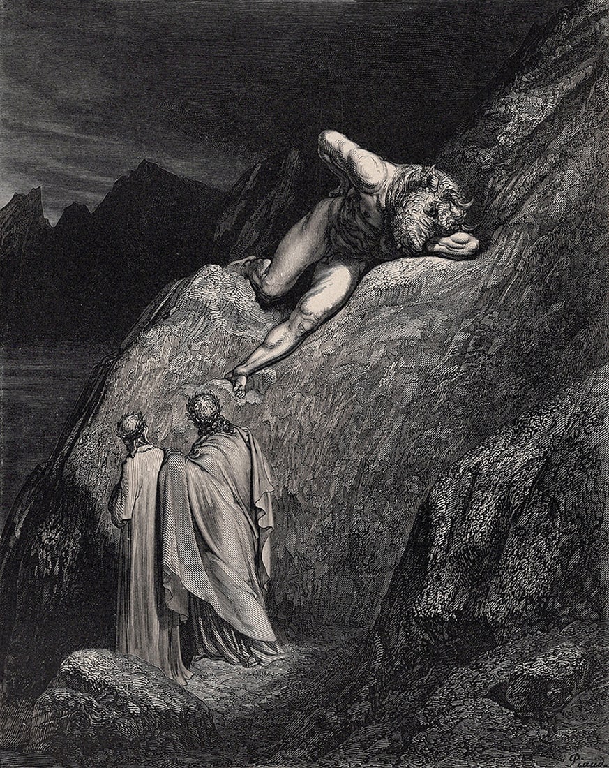 Gustave Dore Chant 12 (Dante's Divine Comedy Enferno) c. 1880 Wood Engraving: Gustave Dore (Paul Gustave Louis Christophe Dore) (French, 1832-1883). Chant 12. The Minotaur (Dante's Divine Comedy Enferno). Antique Wood Engraving on wove paper executed by master wood engraver Ant