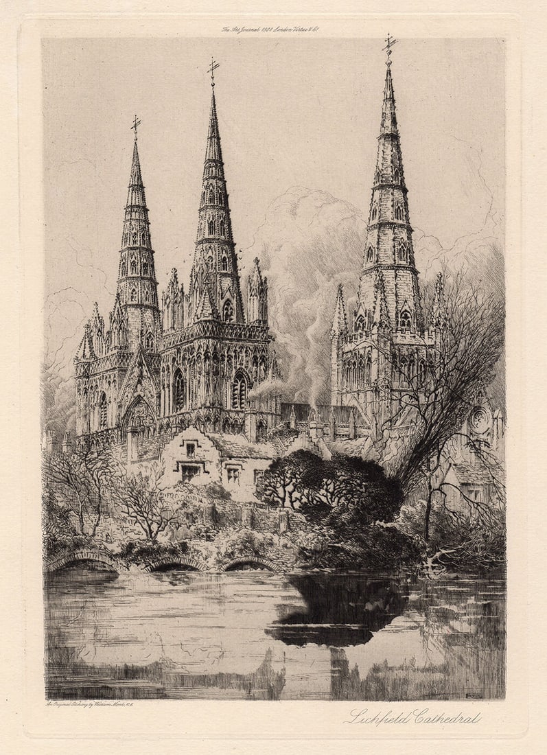 William Monk Lichfield Cathedral 1908 Etching: William Monk. (British, 1863 - 1937). Lichfield Cathedral. Signed and Titled in the plate. Original drypoint etching on thick wove paper. 1908 Signature/. Image Size 7 7/8 x 11 3/8 inches. Approximate