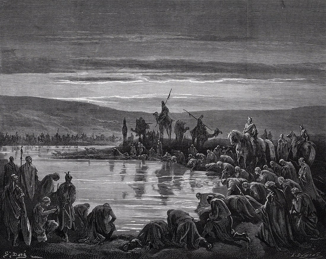 1800s Gustave DORE'S BIBLE Woodcut Gideon Chooses His Soldiers Framed SIGNED: Gustave Dore (Paul Gustave Louis Christophe Dore) (French, 1832-1883). Gideon Choosing his Soldiers (from Dore's Bible). Antique woodcut wove paper after the original by a master wood engraver Louis P