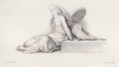 SIGNED 1800s PAUL DELAROCHE Antique Engraving The Spirit Enchained FRAMED